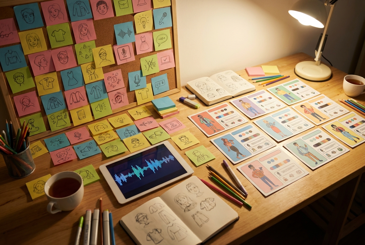 キャラクターの設定をメモ帳に書き出している。性格や口癖の欄が並ぶ