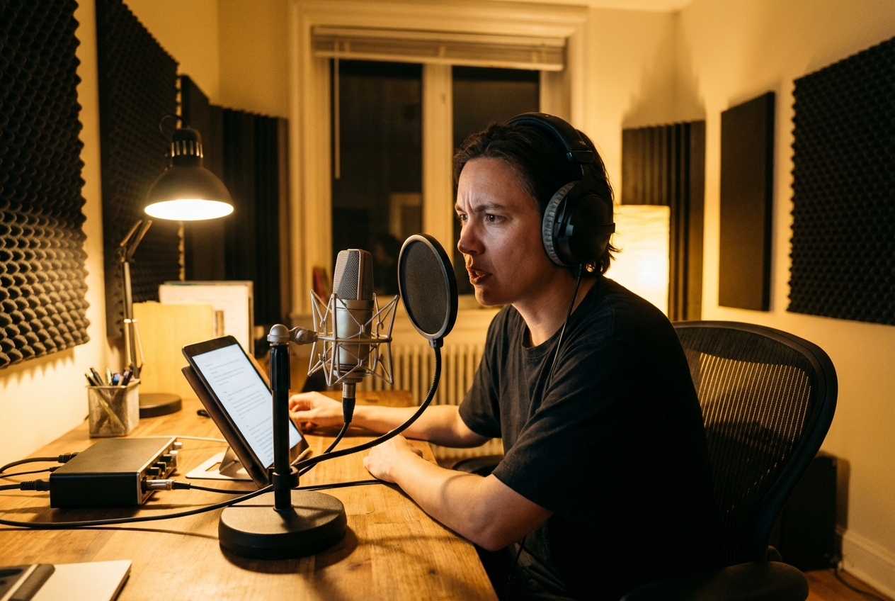 ヘッドフォンをつけて台本を読み込んでいる一人練習の風景