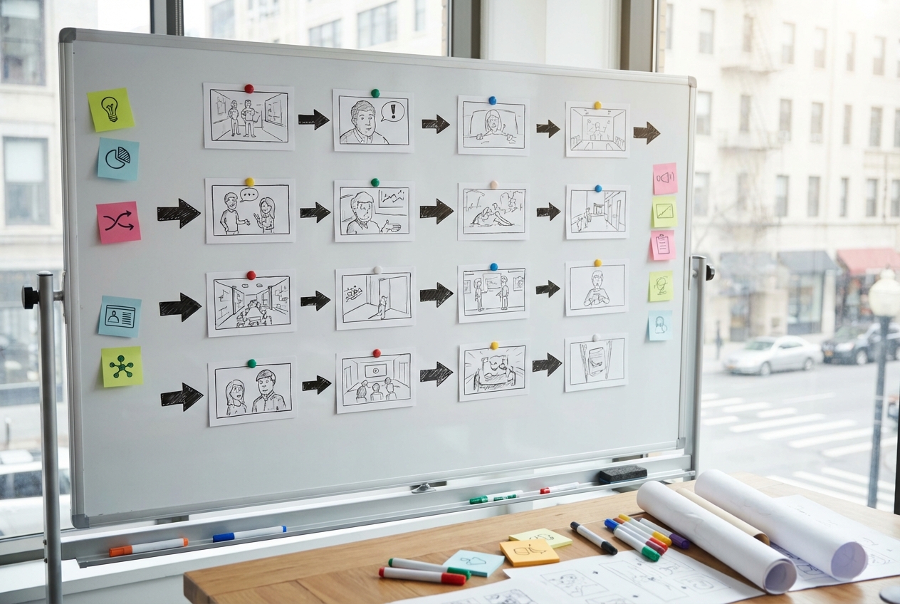 起承転結のフローチャートが手書きで描かれたノート