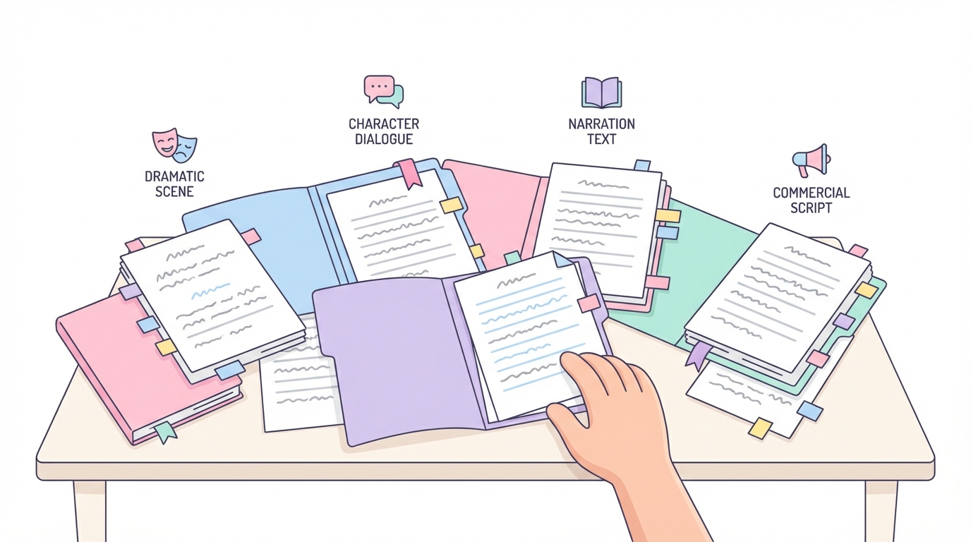 テーブルに広げた原稿用紙とマーカーペン、どのセリフを使おうか迷っている感じ